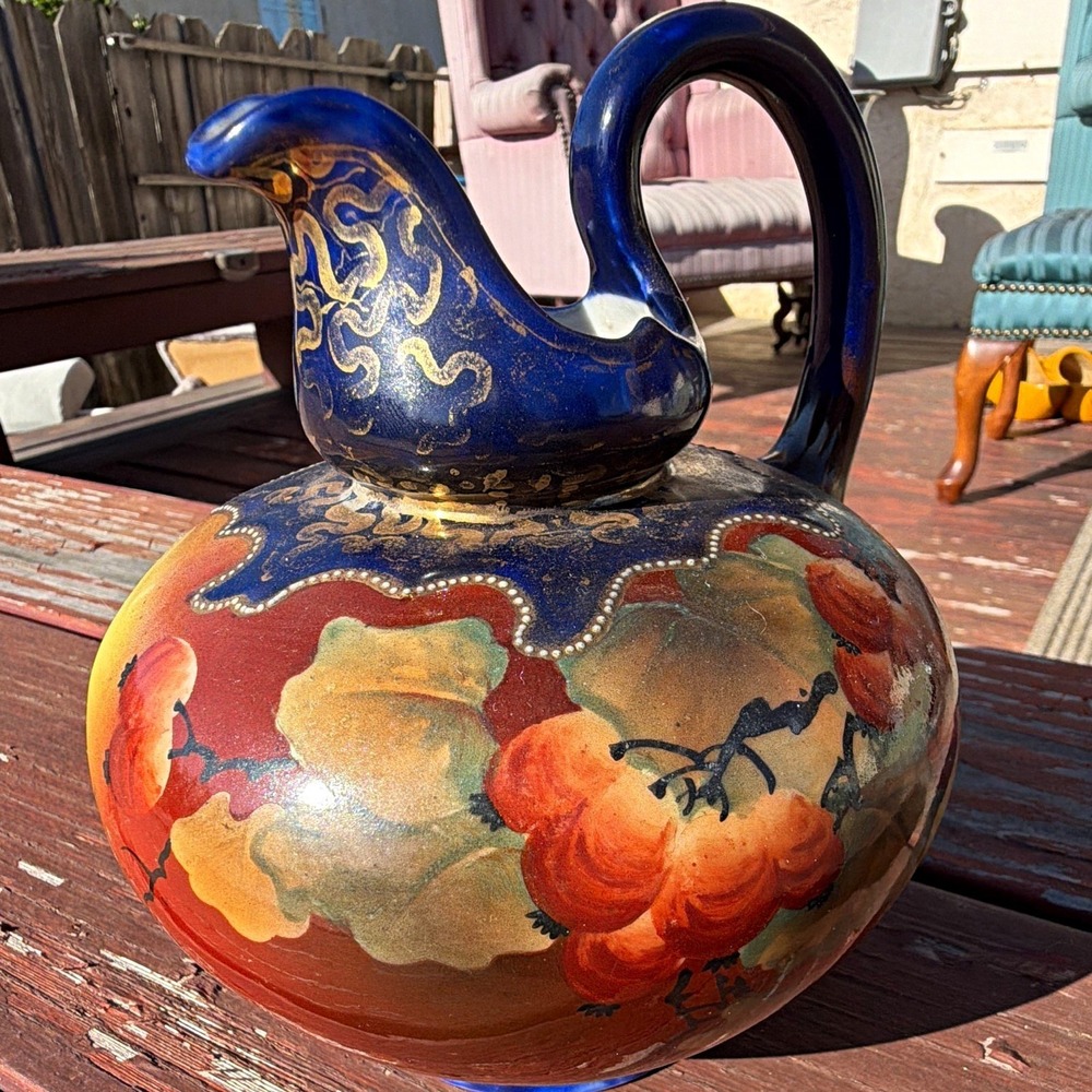 Nippon Hand Painted Porcelain Floral Pitcher Jug Blue Orange Gold Moriage